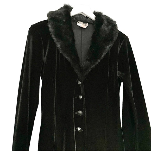 Maxi Velour Velvet Black Faux Fur Long Sleeve Faux Fur Duster Jacket